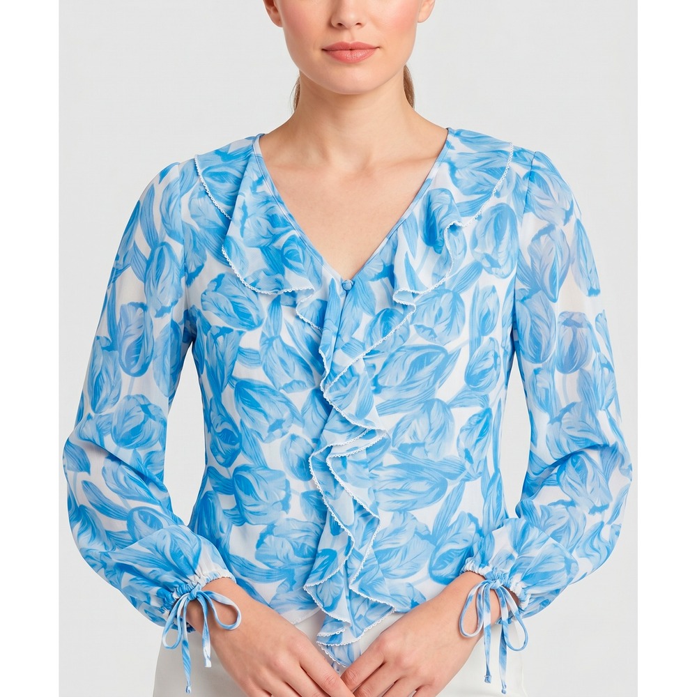 Worthington 100% Silk Blue Floral Sheer Ruffle Blouse Fairy Cottagecore Size 4